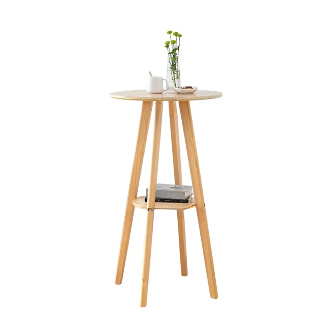 Natural Wood Round Bar Table with Shelf for Kitchen Dining Image - 18