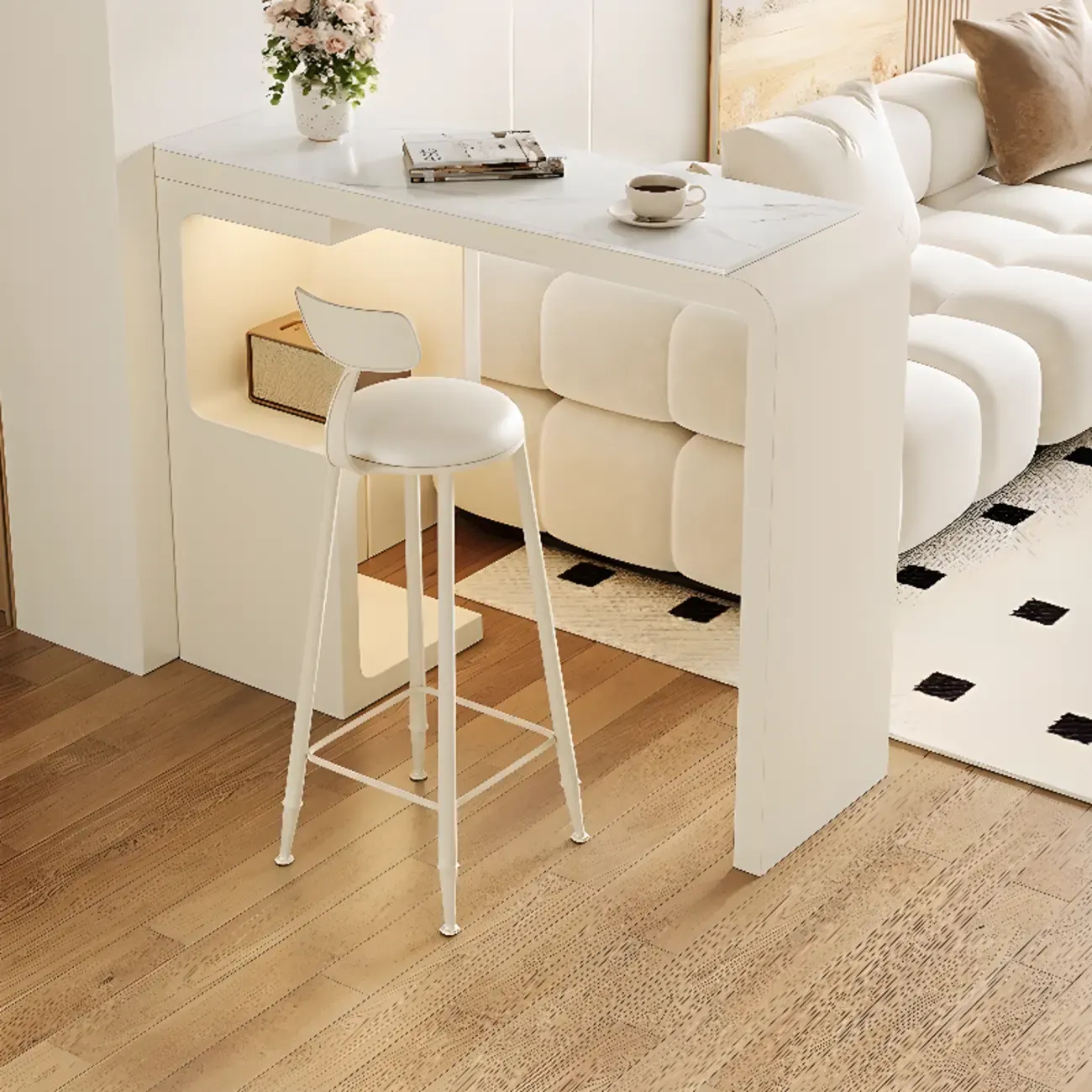 Off-White Rectangle Bar Table Stone Top with Shelves for Foyer Image - 1