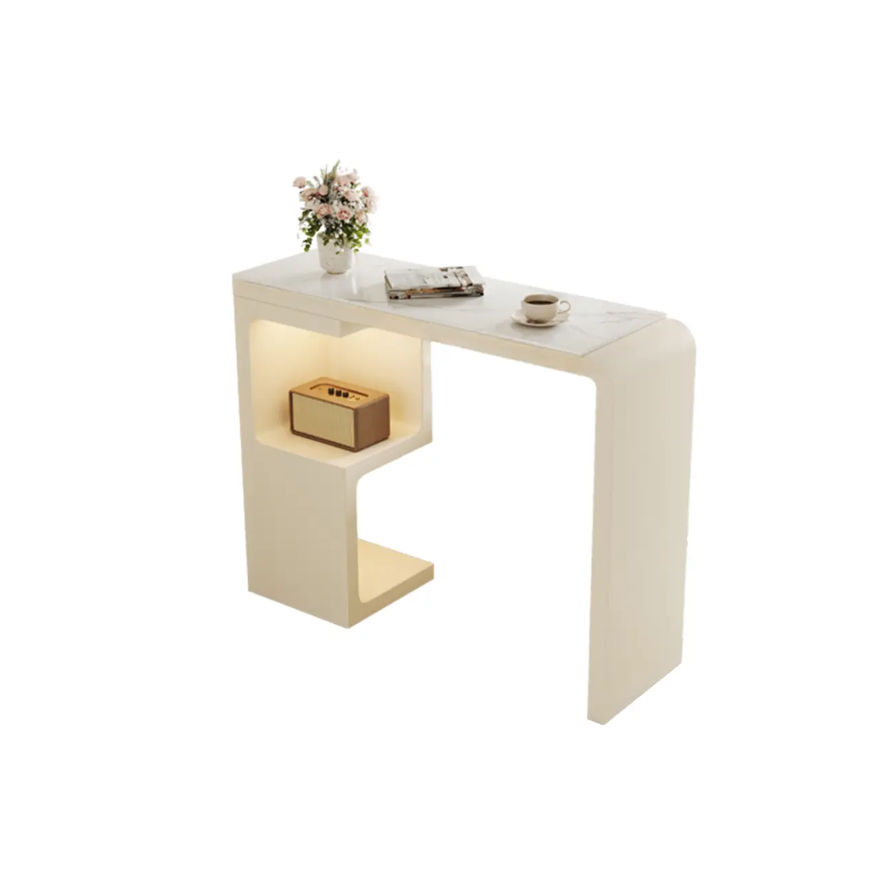 Off-White Rectangle Bar Table Stone Top with Shelves for Foyer Image - 2 | homeyfad