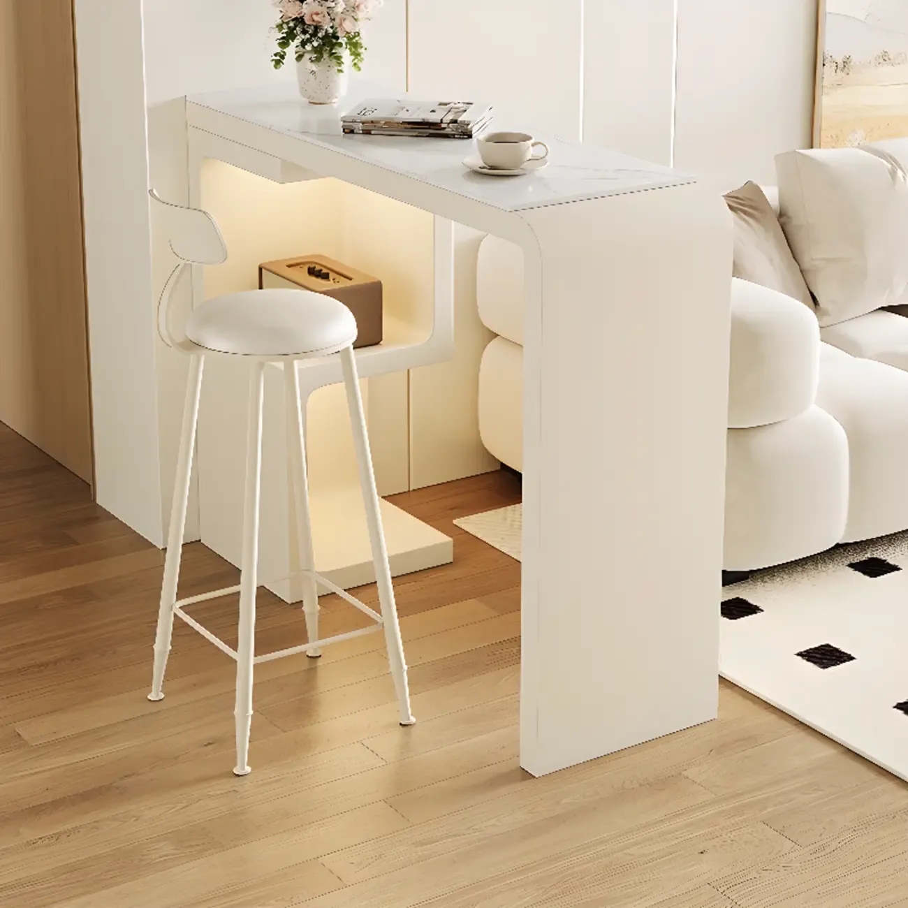 Off-White Rectangle Bar Table Stone Top with Shelves for Foyer Image - 5