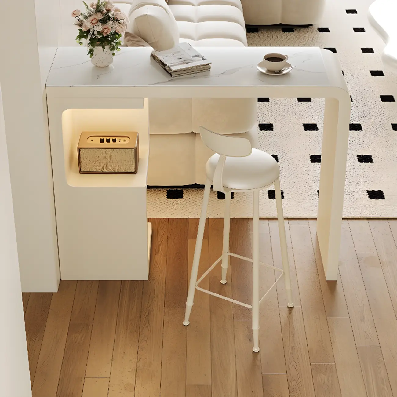 Off-White Rectangle Bar Table Stone Top with Shelves for Foyer Image - 7 | homeyfad