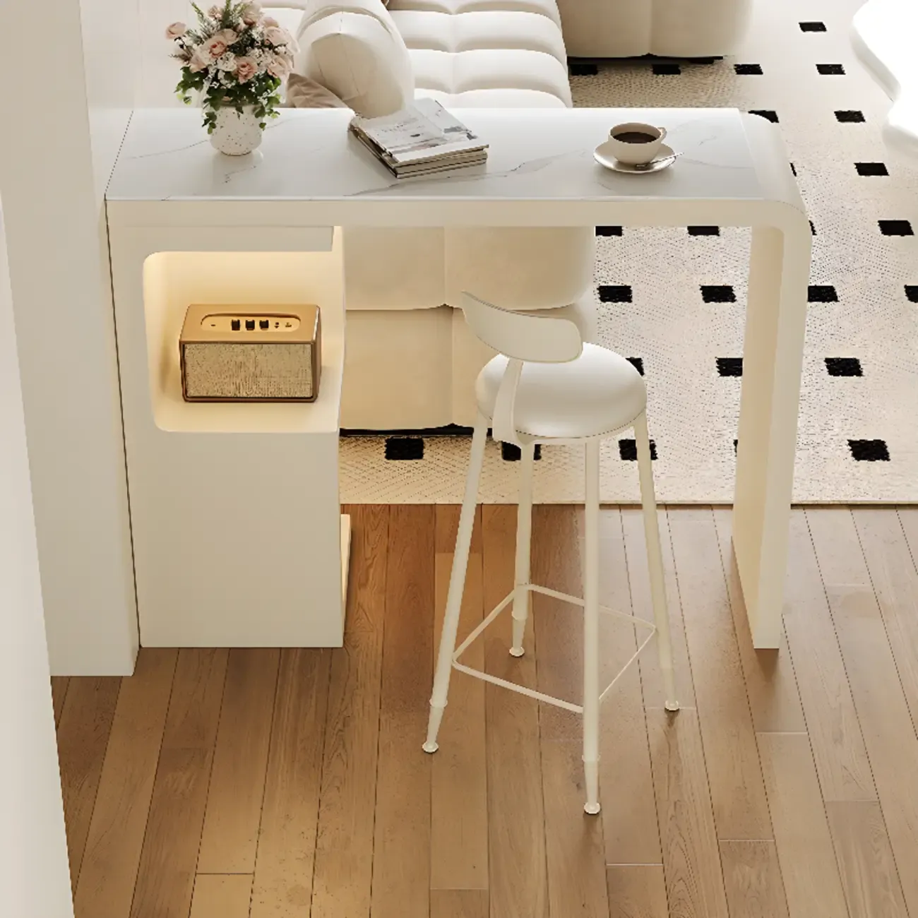 Off-White Rectangle Bar Table Stone Top with Shelves for Foyer Image - 7