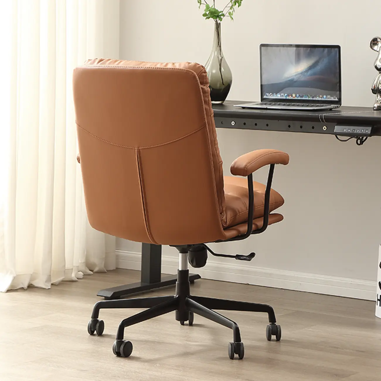 Modern Brown Leather Swivel Office Chair Image - 5 | homeyfad