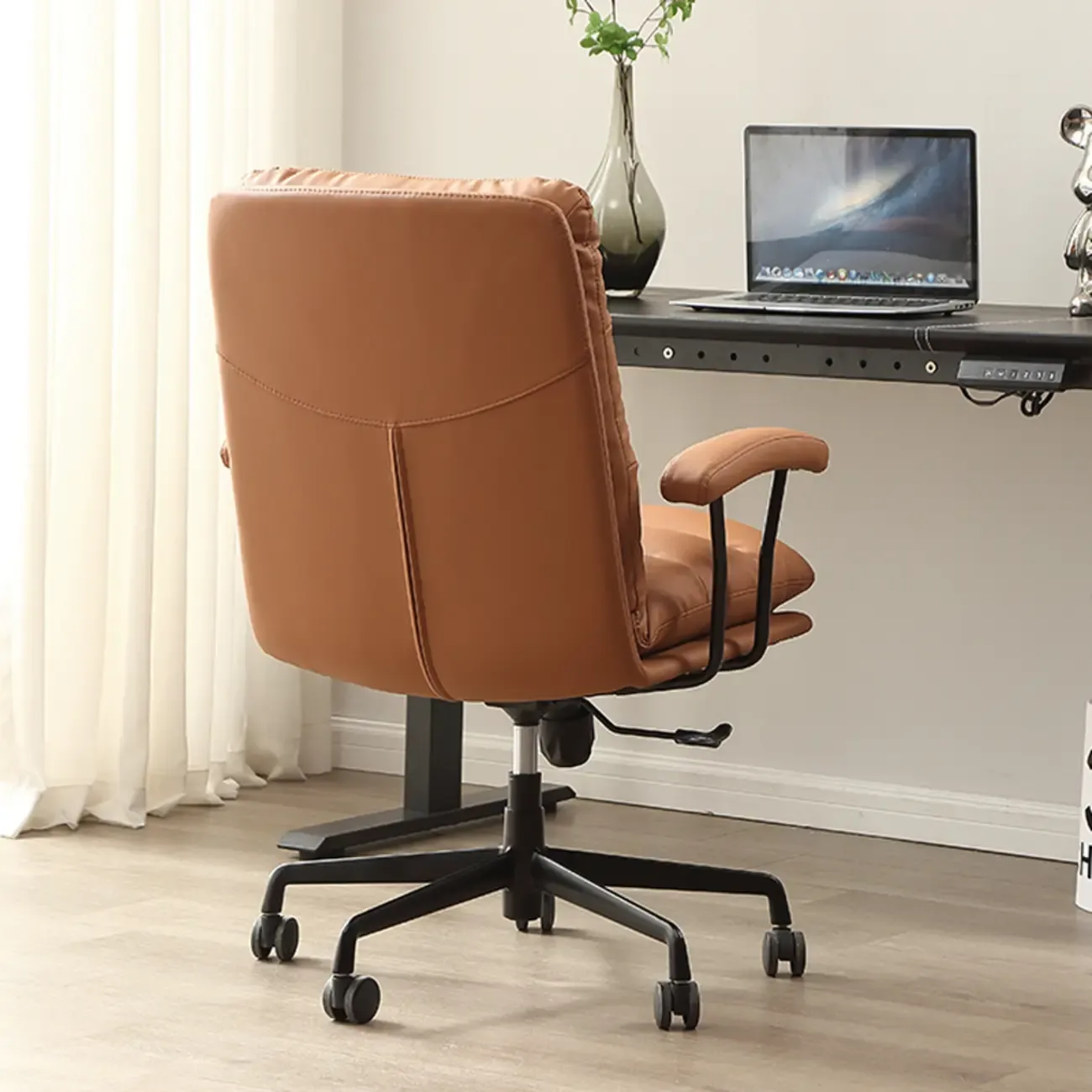 Modern Brown Leather Swivel Office Chair Image - 5