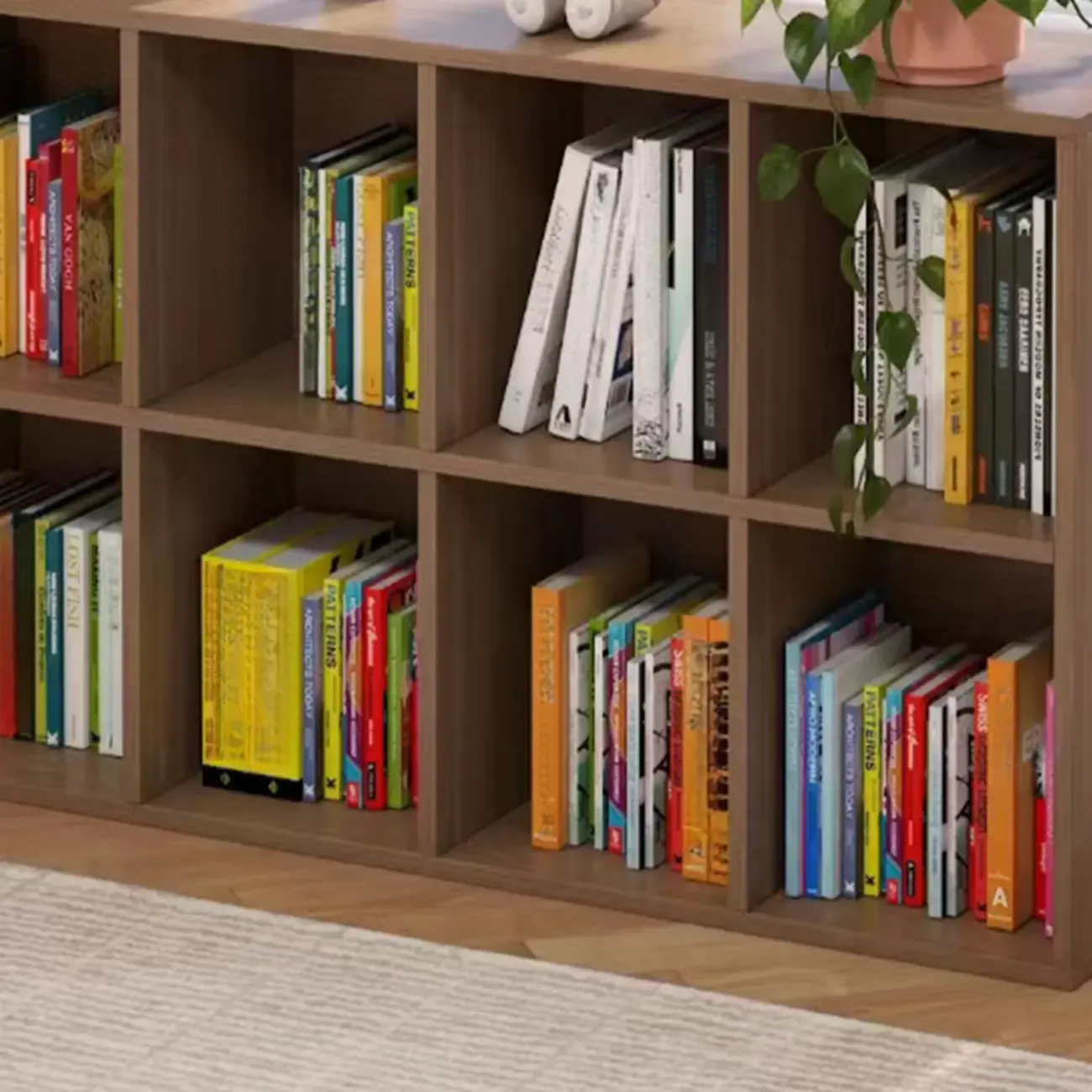 Horizontal Brown Wide Reclaimed Wood Cube Bookcase Image - 8