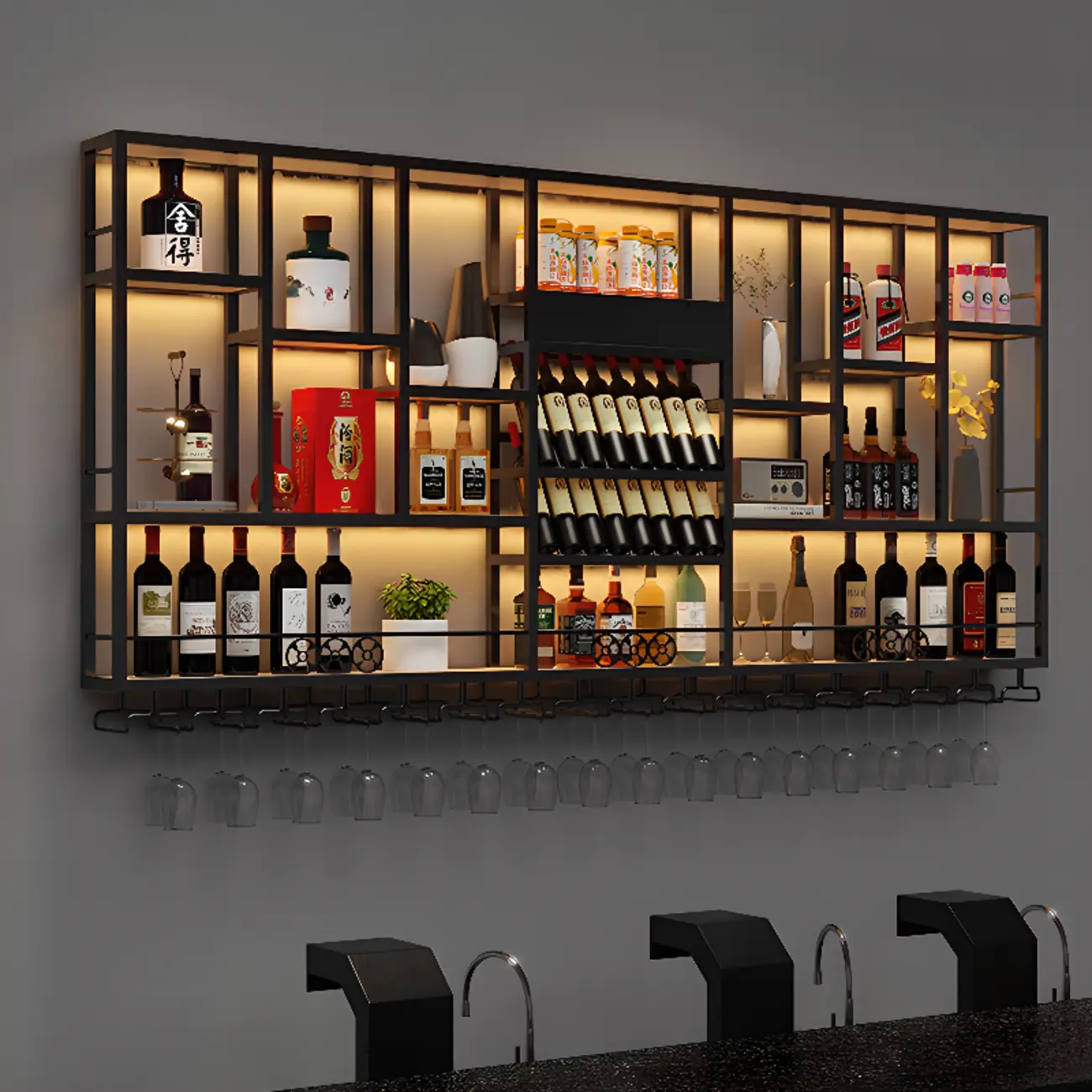 Rectangle Metal Black Wall Mounted Wine Display Rack Image - 1 | homeyfad