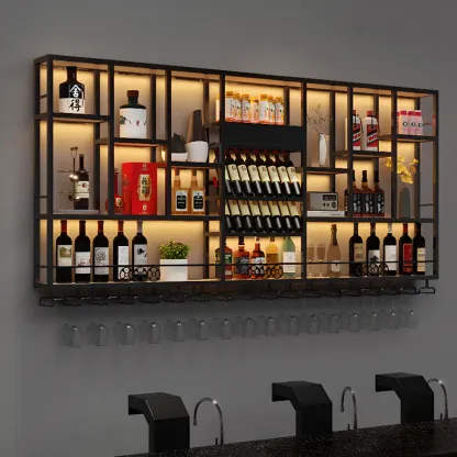 Rectangle Metal Black Wall Mounted Wine Display Rack Image - 1