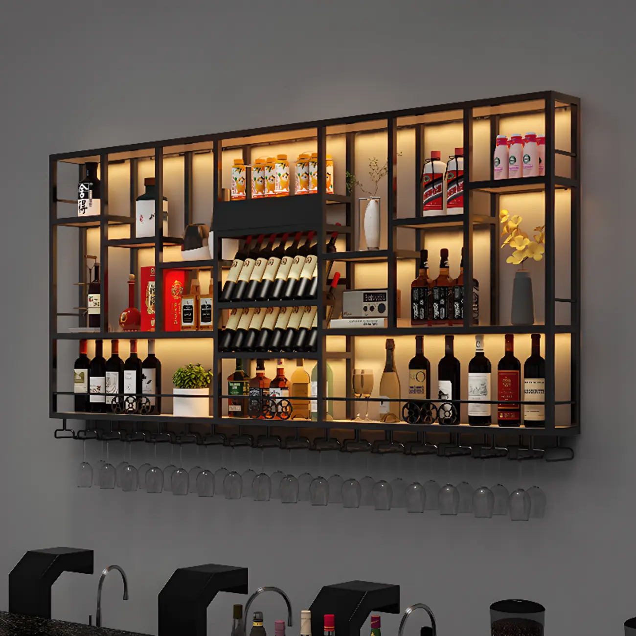 Rectangle Metal Black Wall Mounted Wine Display Rack Image - 2 | homeyfad
