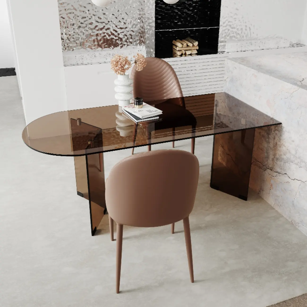 Free Form Brown Glass Dining Table Image - 1 | homeyfad