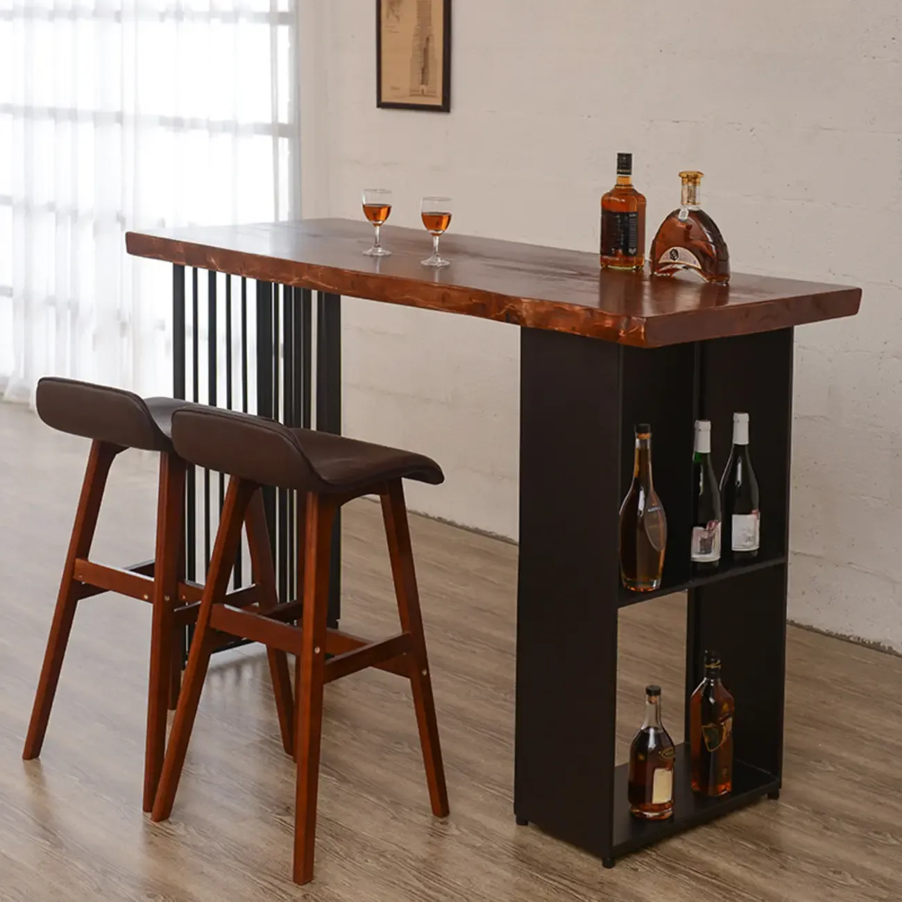 Brown Wooden Bar Height Table with Shelf Storage for Dining Image - 1