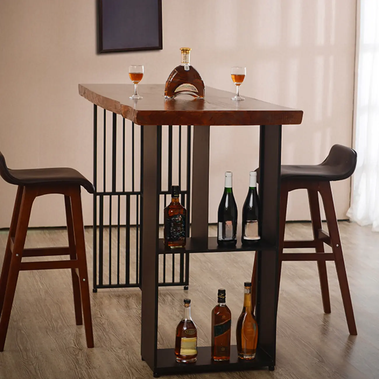 Brown Wooden Bar Height Table with Shelf Storage for Dining Image - 2 | homeyfad