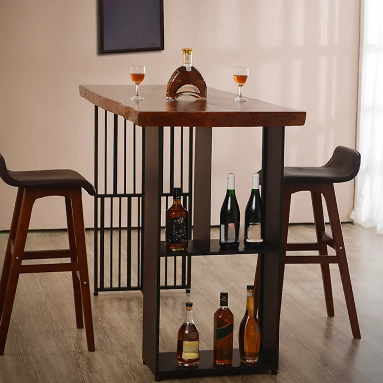 Brown Wooden Bar Height Table with Shelf Storage for Dining Image - 2