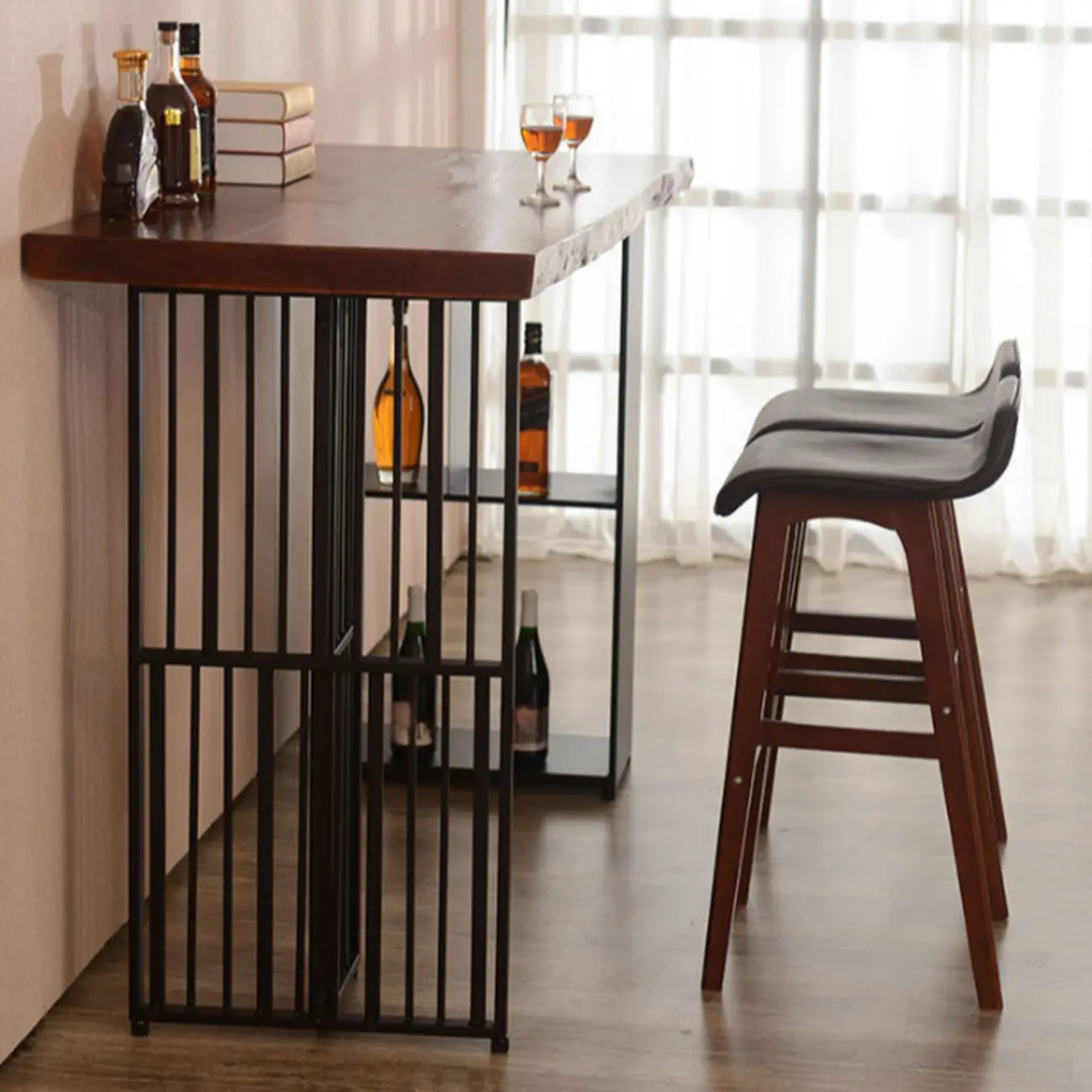 Brown Wooden Bar Height Table with Shelf Storage for Dining Image - 3 | homeyfad