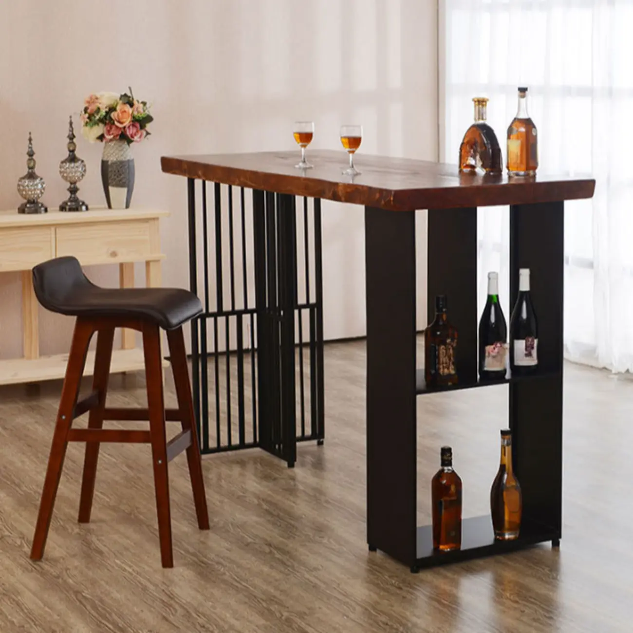 Brown Wooden Bar Height Table with Shelf Storage for Dining Image - 4 | homeyfad
