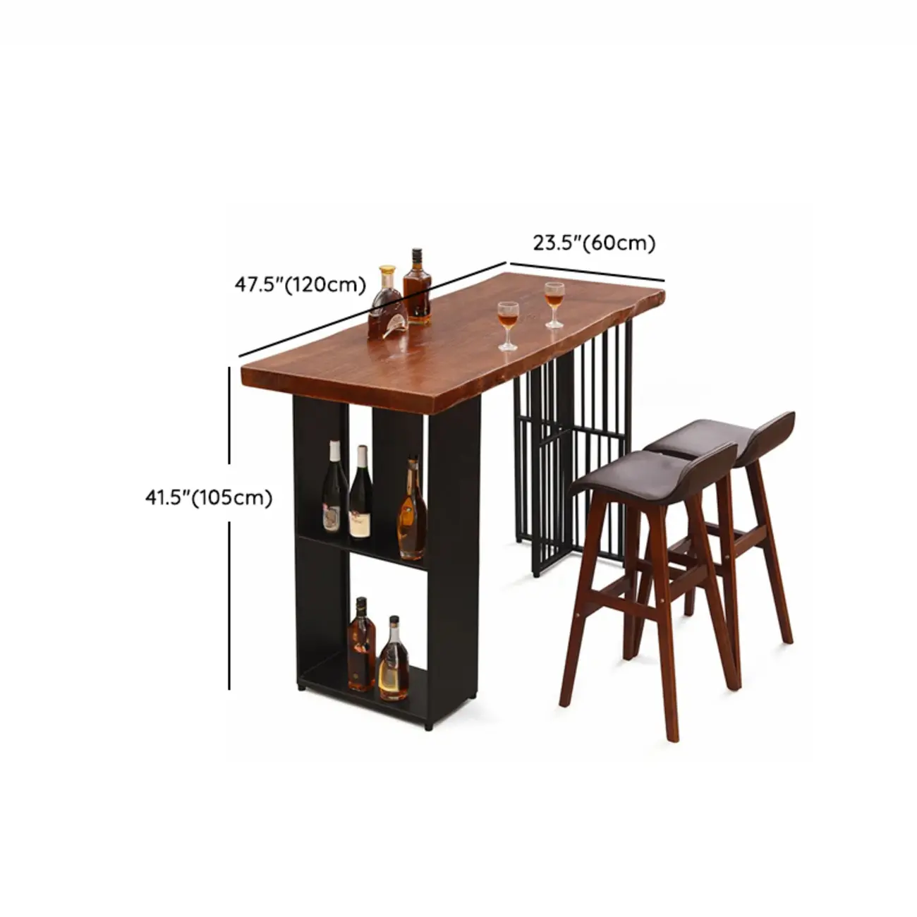 Brown Wooden Bar Height Table with Shelf Storage for Dining #size