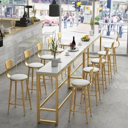 Sleek Faux Marble Bar Table Golden Trestle Base for Dining Room Image - 4