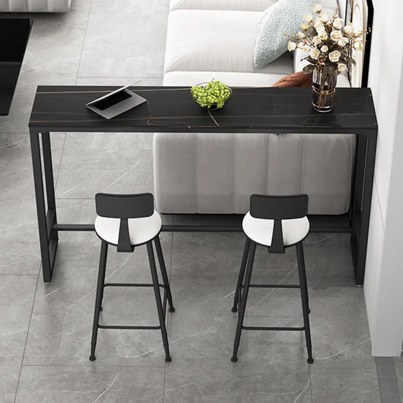 Black Modern Stone Top Trestle Base Bar Table with Footest Image - 3 | homeyfad