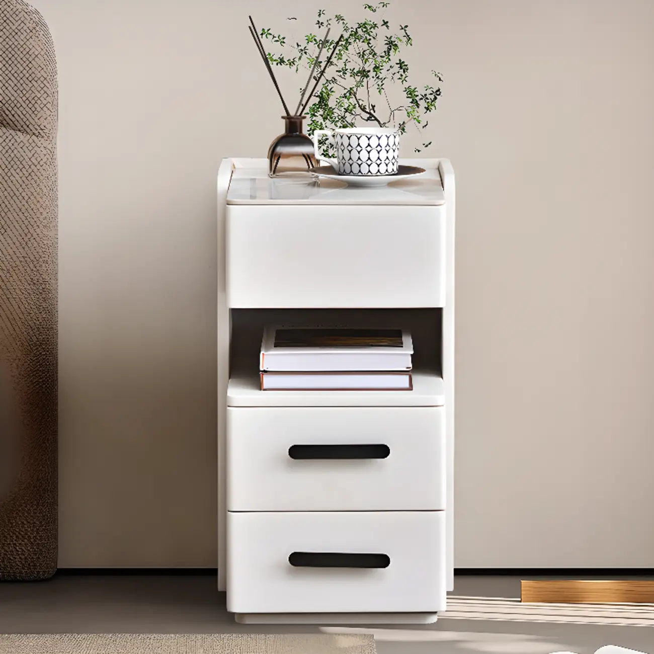 Compact Stone-Top Wooden 4-Tier White Nightstand Image - 1 | homeyfad