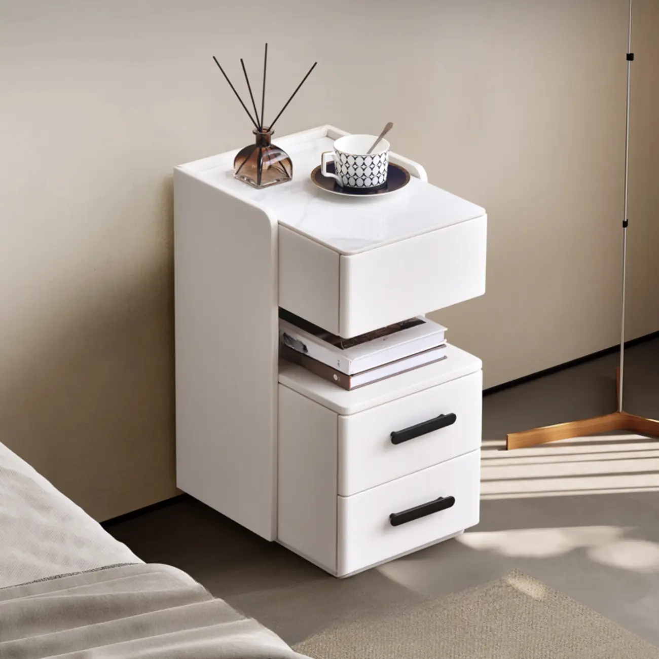 Compact Stone-Top Wooden 4-Tier White Nightstand Image - 3 | homeyfad