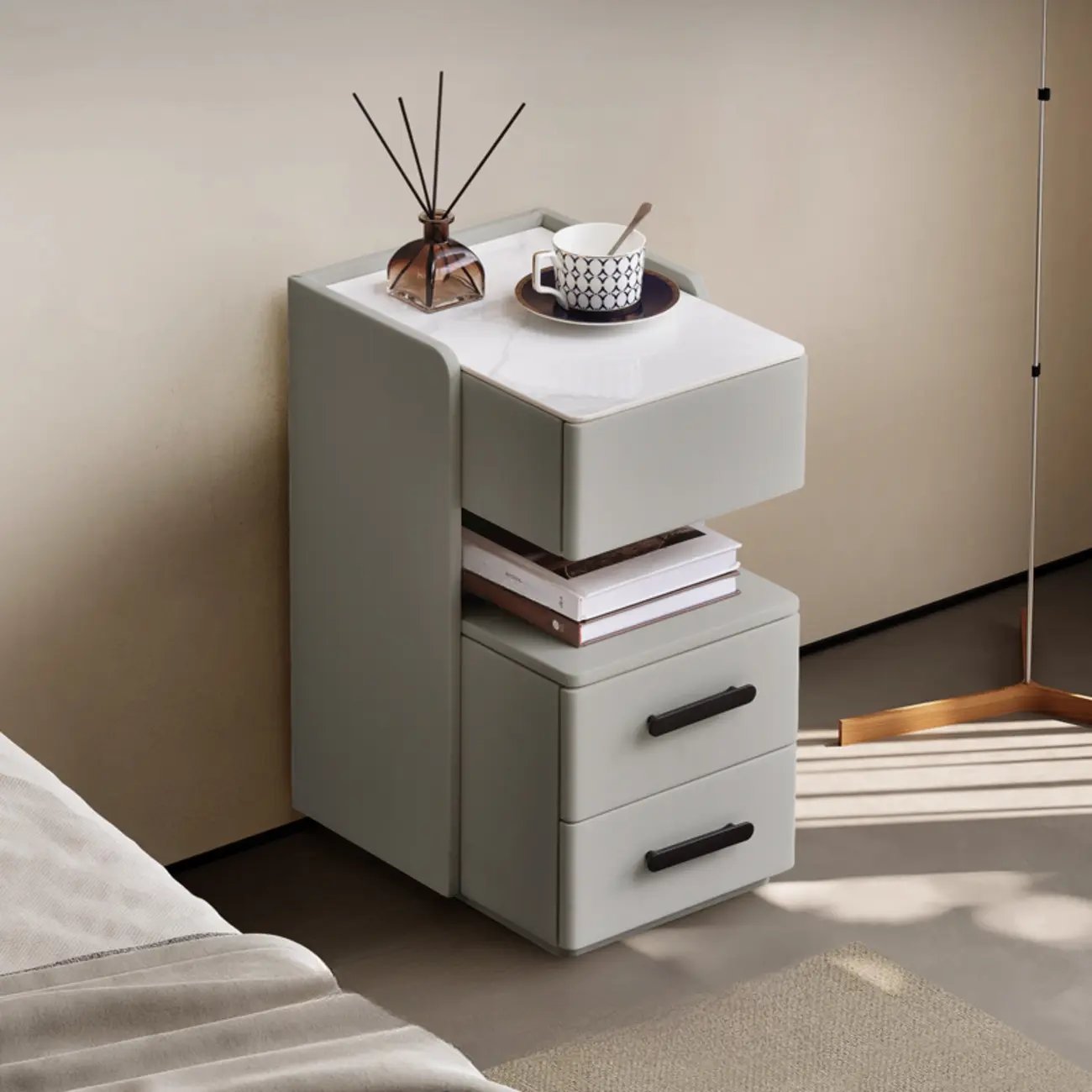 Compact Stone-Top Wooden 4-Tier White Nightstand Image - 4 | homeyfad