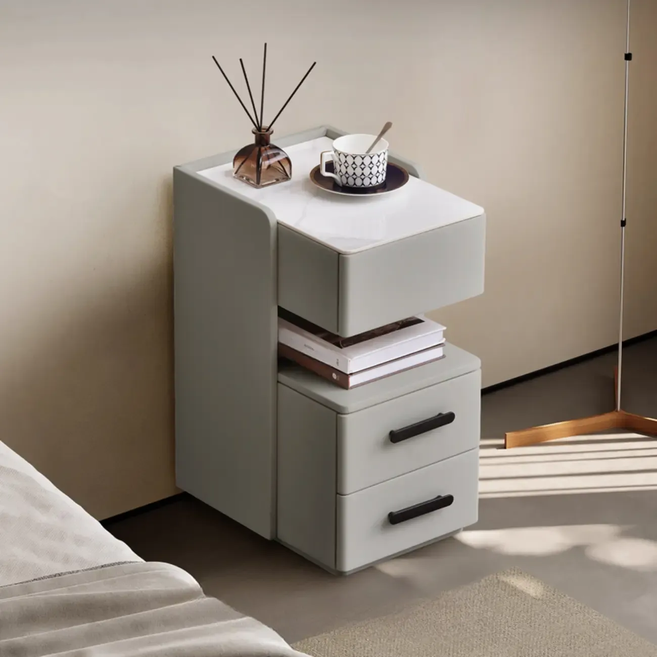 Compact Stone-Top Wooden 4-Tier White Nightstand Image - 4