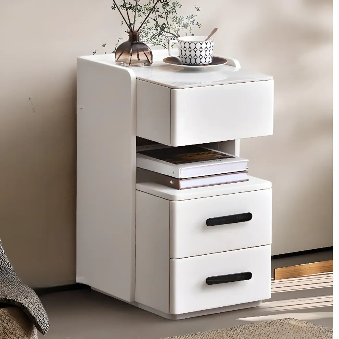 Compact Stone-Top Wooden 4-Tier White Nightstand Image - 5