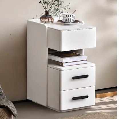 Compact Stone-Top Wooden 4-Tier White Nightstand Image - 5