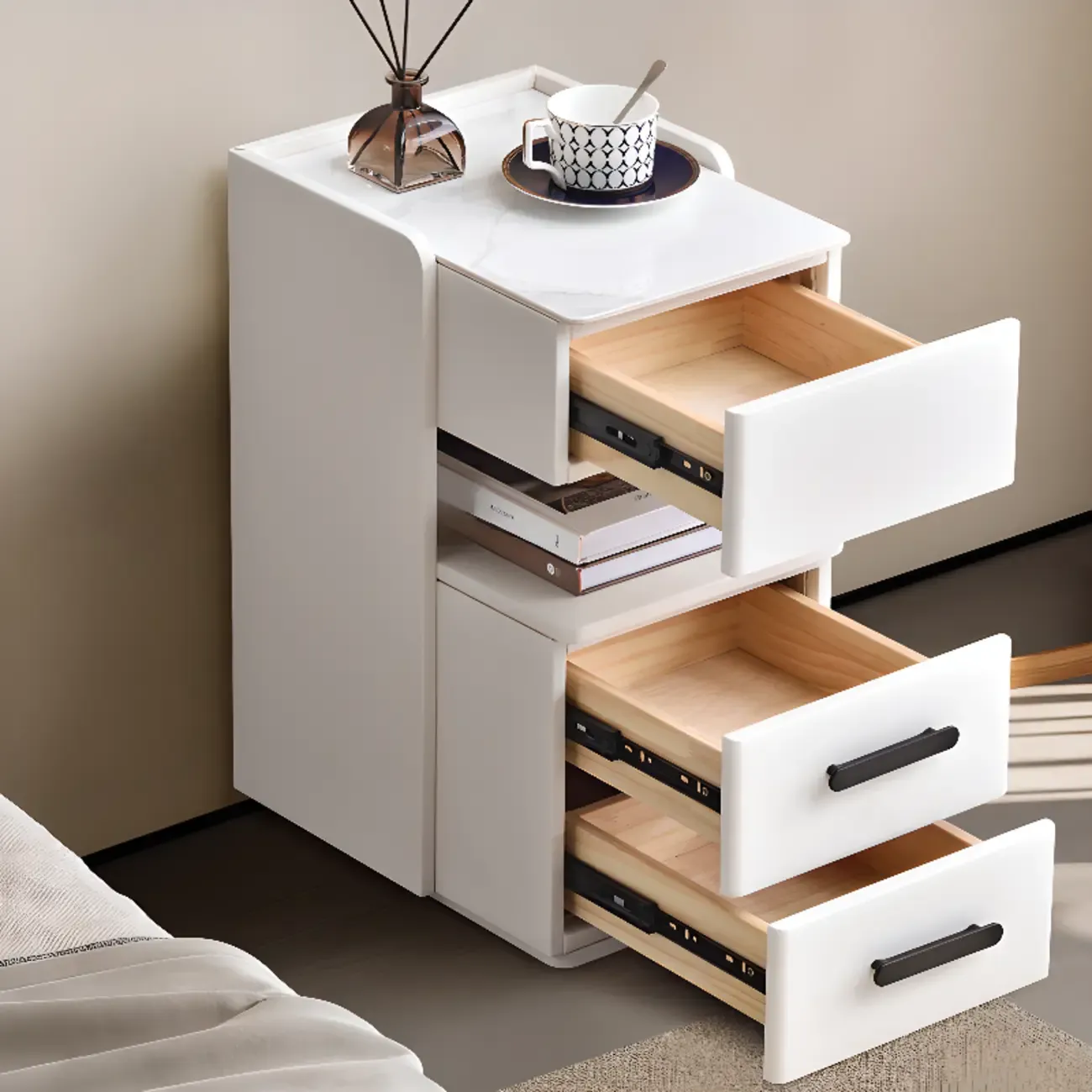 Compact Stone-Top Wooden 4-Tier White Nightstand Image - 2