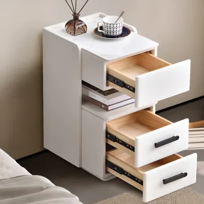Compact Stone-Top Wooden 4-Tier White Nightstand Image - 2