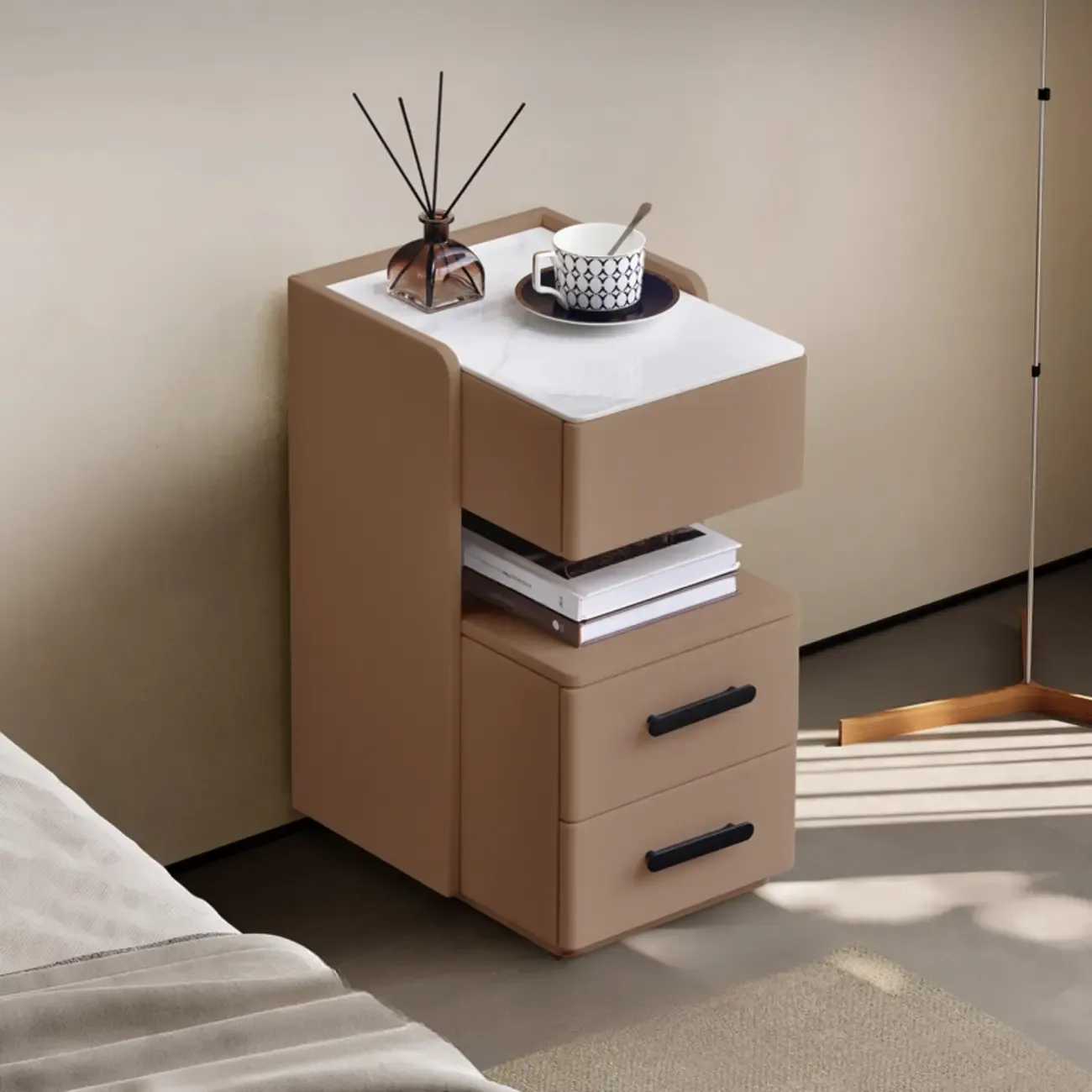 Compact Stone-Top Wooden 4-Tier White Nightstand Image - 8