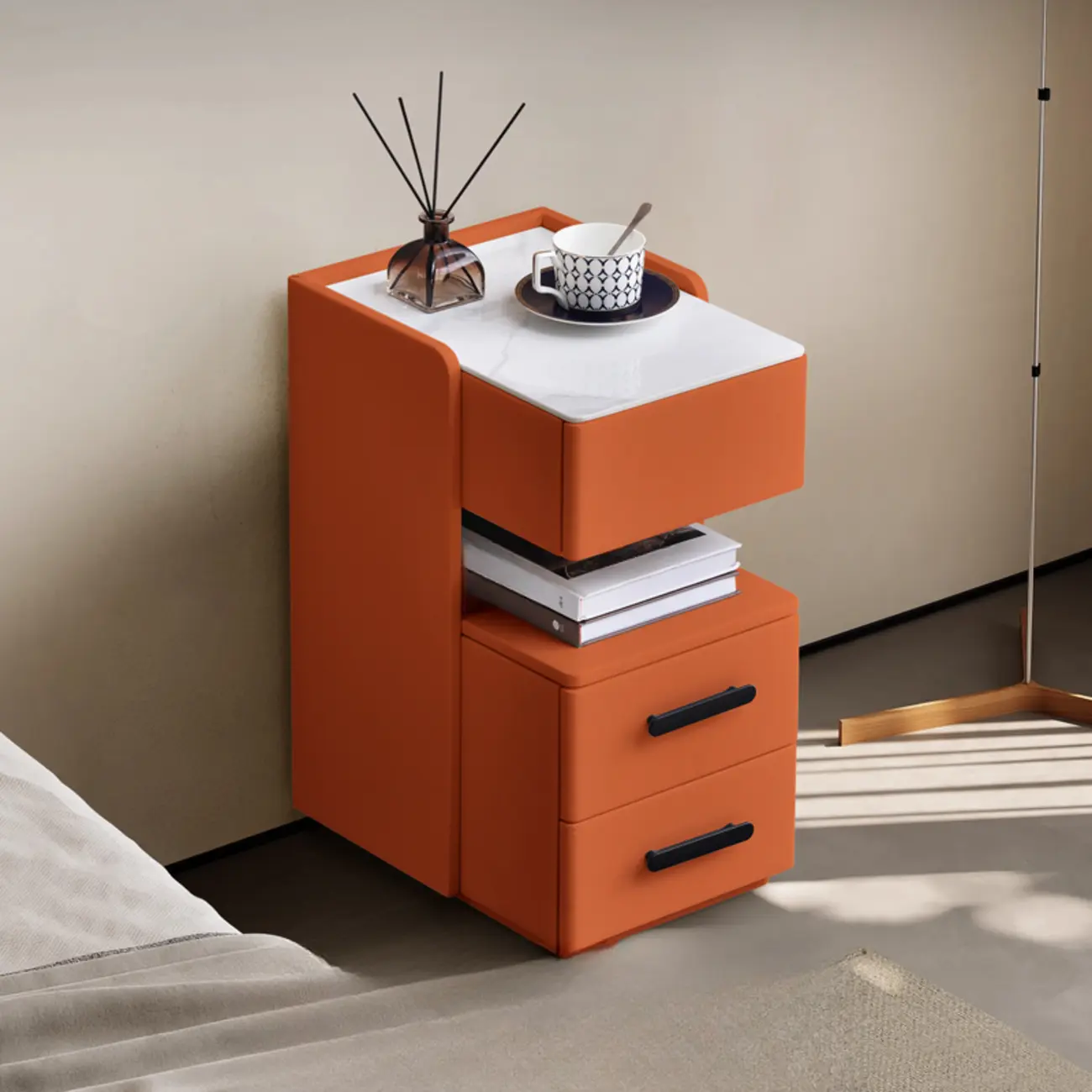 Compact Stone-Top Wooden 4-Tier White Nightstand Image - 10 | homeyfad