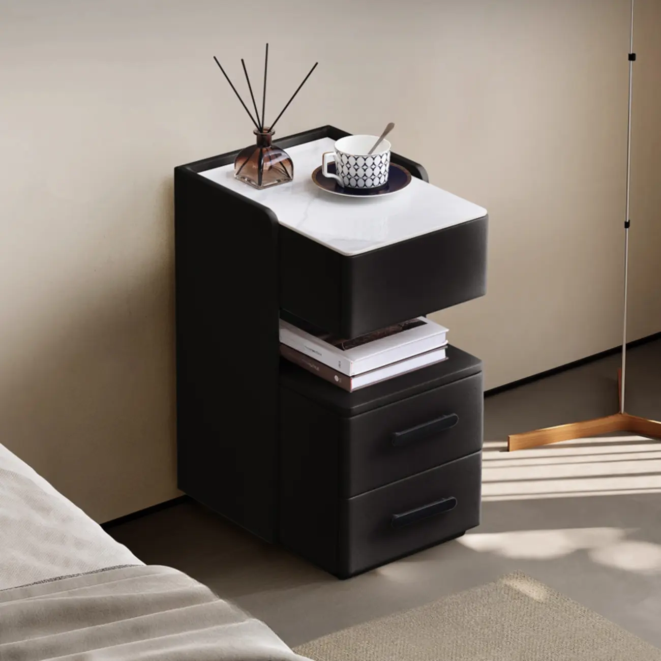 Compact Stone-Top Wooden 4-Tier White Nightstand Image - 11 | homeyfad