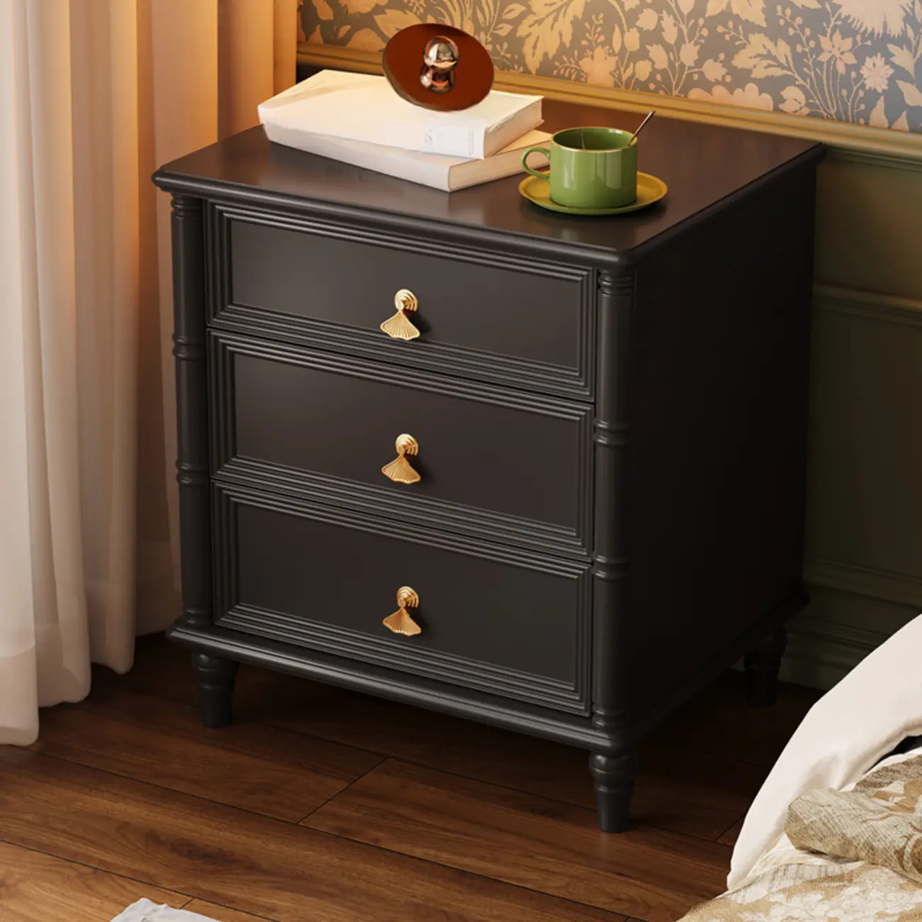 Traditional Rectangular Solid Wood 3-Drawer Black Nightstand Image - 1 | homeyfad