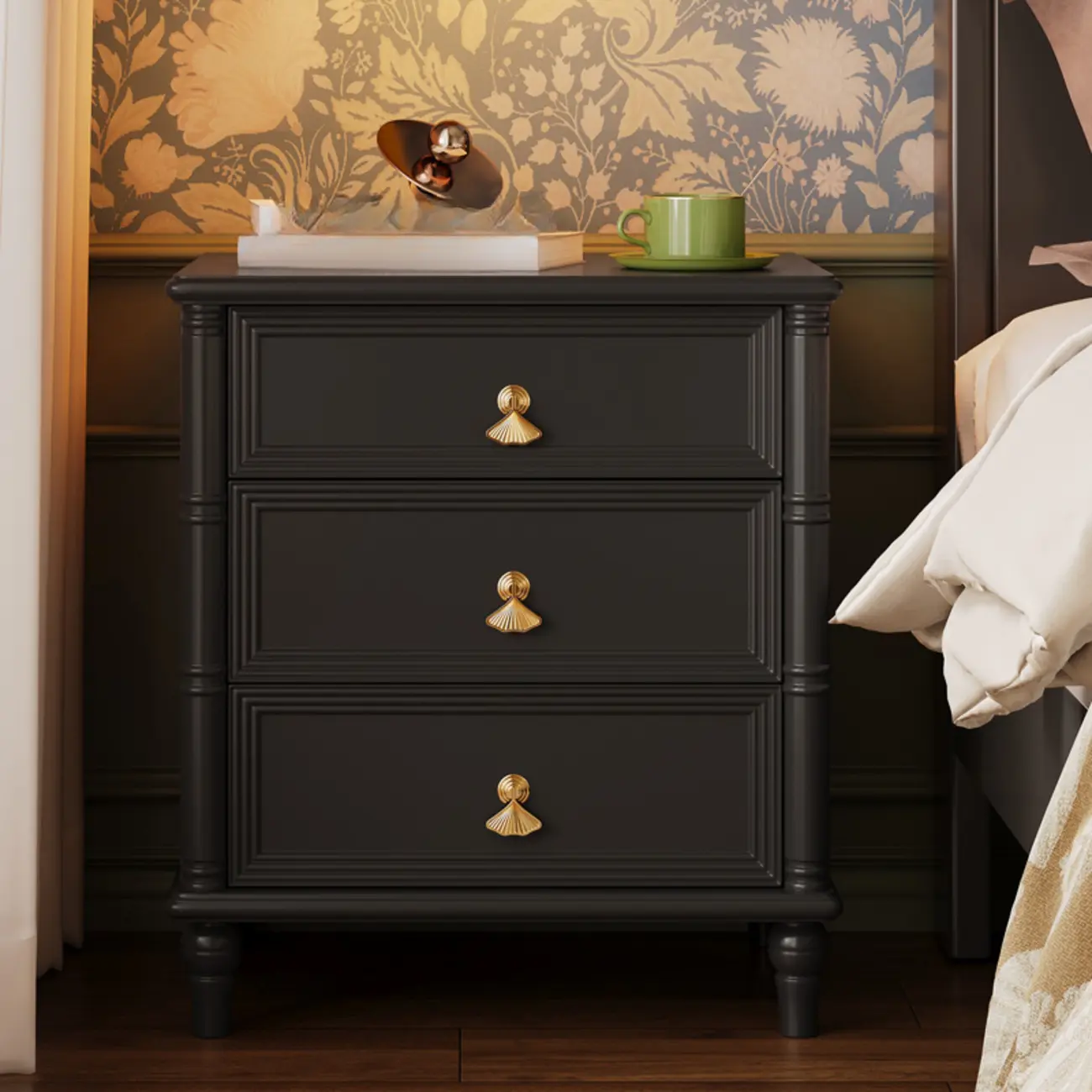 Traditional Rectangular Solid Wood 3-Drawer Black Nightstand Image - 7 | homeyfad