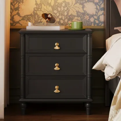 Traditional Rectangular Solid Wood 3-Drawer Black Nightstand Image - 7