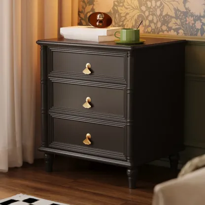 Traditional Rectangular Solid Wood 3-Drawer Black Nightstand Image - 3