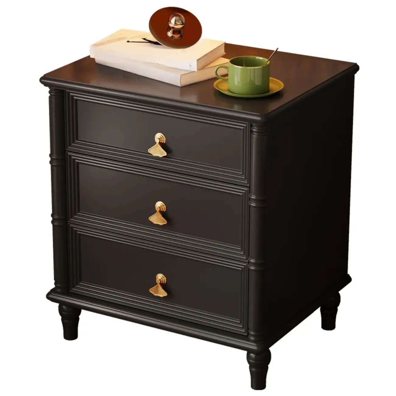 Traditional Rectangular Solid Wood 3-Drawer Black Nightstand Image - 14