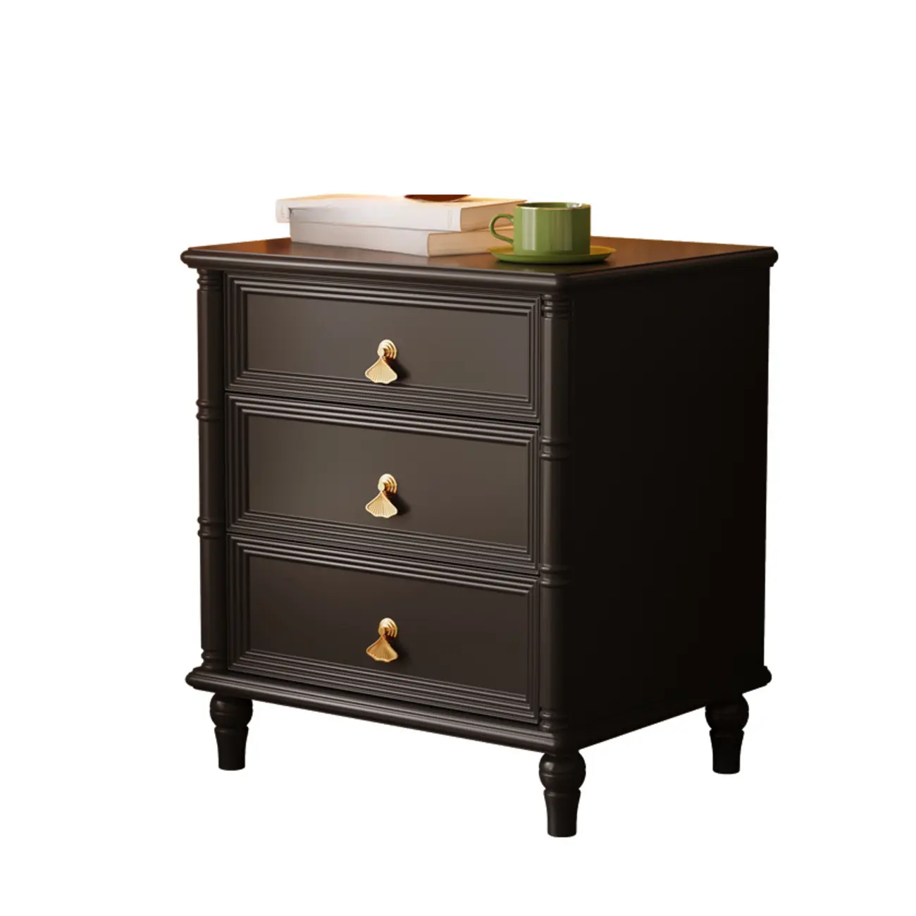 Traditional Rectangular Solid Wood 3-Drawer Black Nightstand Image - 6 | homeyfad