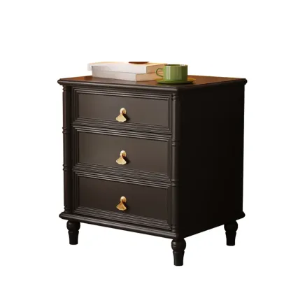 Traditional Rectangular Solid Wood 3-Drawer Black Nightstand Image - 6