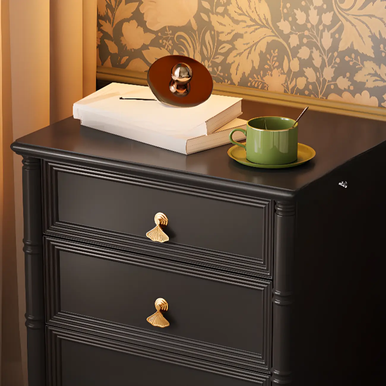 Traditional Rectangular Solid Wood 3-Drawer Black Nightstand Image - 9 | homeyfad