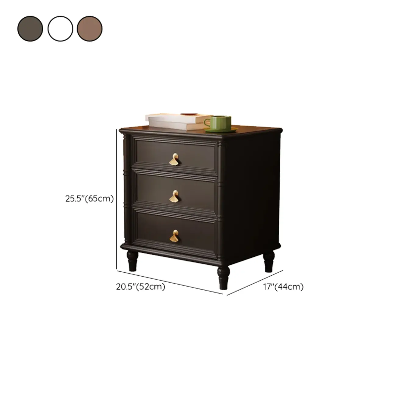 Traditional Rectangular Solid Wood 3-Drawer Black Nightstand #size | homeyfad