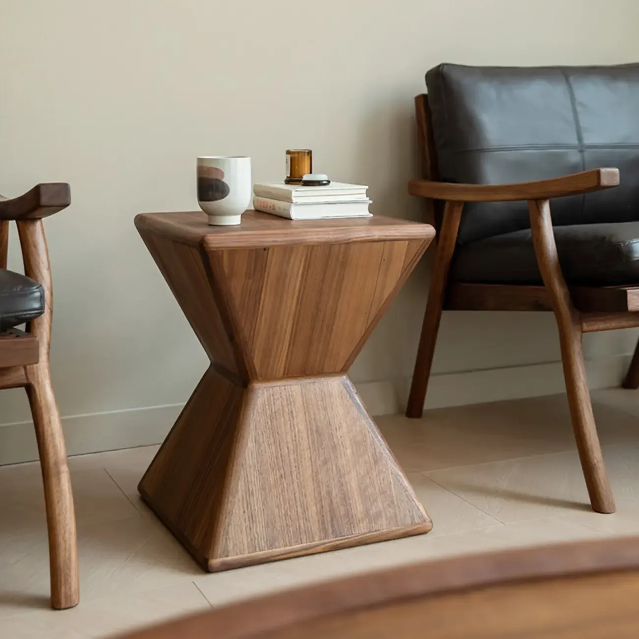 Small Art Deco Geometric Wood Side Table for Living Room Image - 2