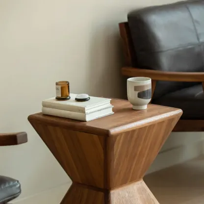 Small Art Deco Geometric Wood Side Table for Living Room Image - 4