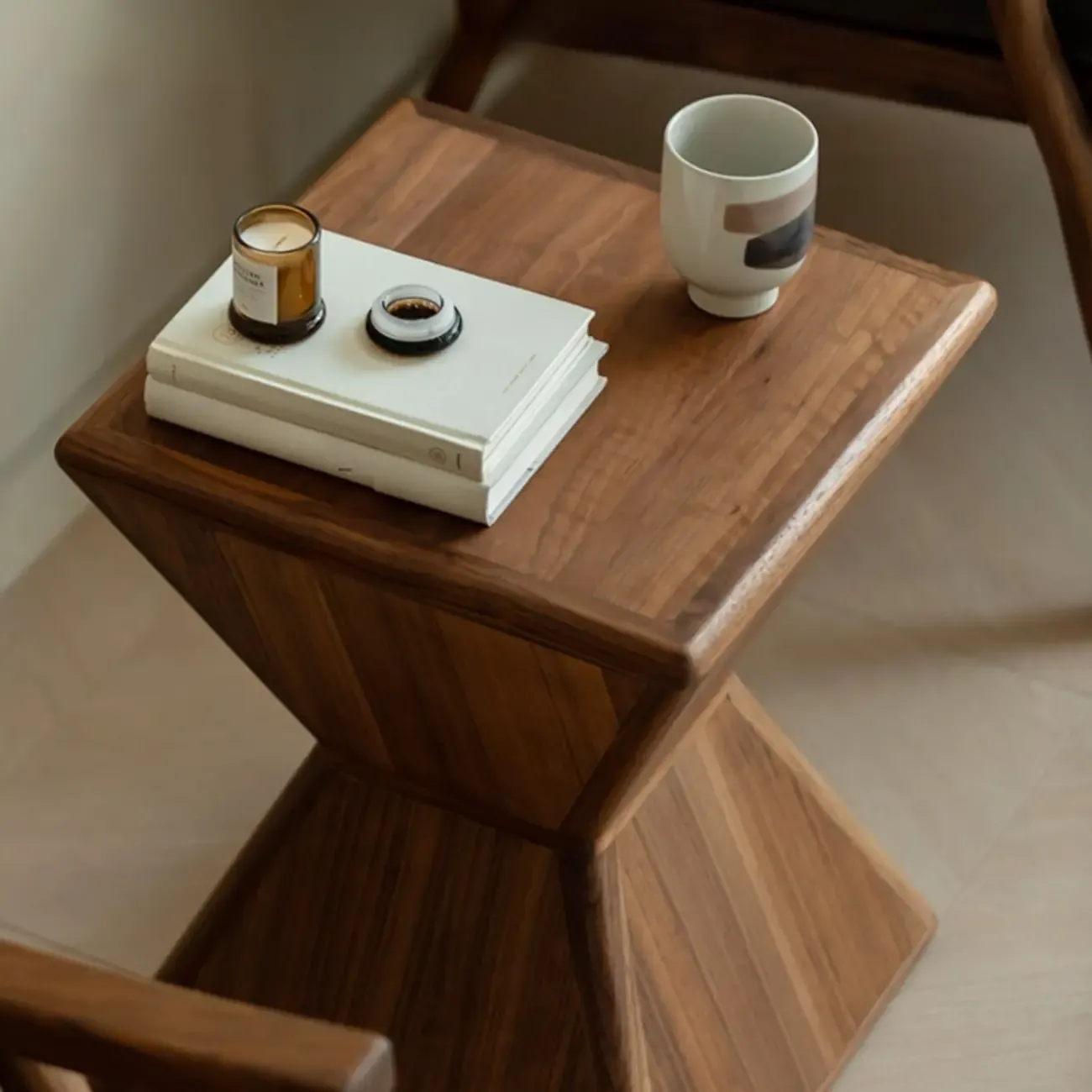 Small Art Deco Geometric Wood Side Table for Living Room Image - 5