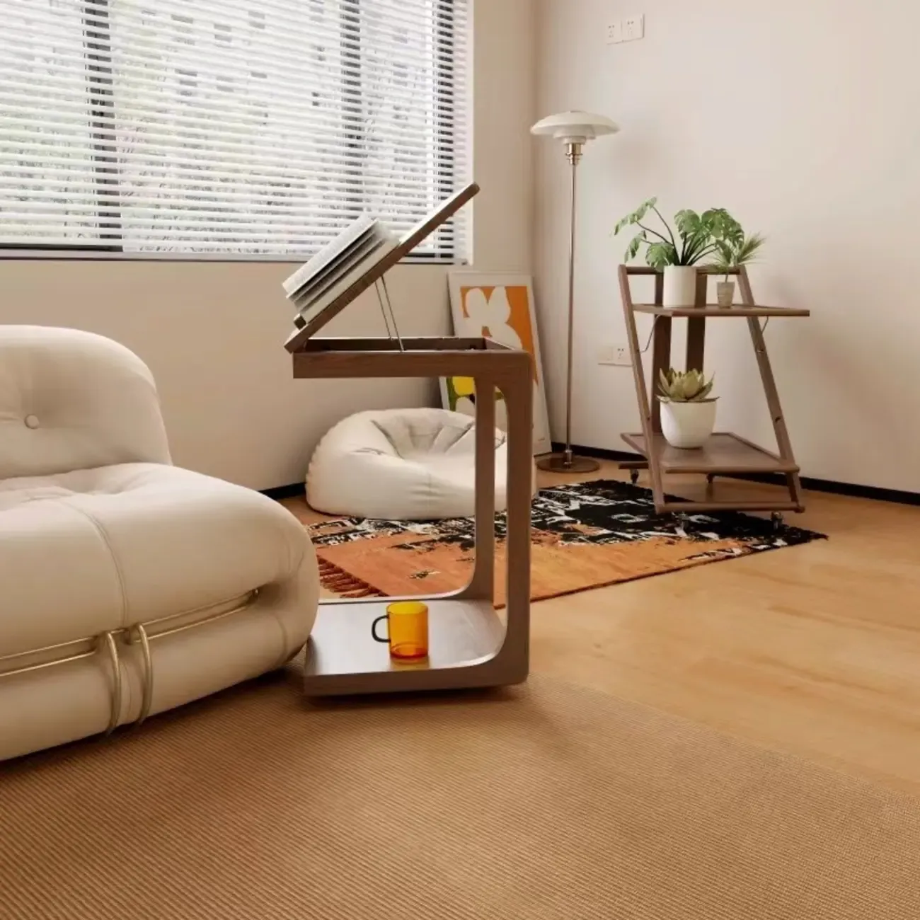 Scandinavian Wooden Flip-Top C-Shaped Side Table with Wheels Image - 1