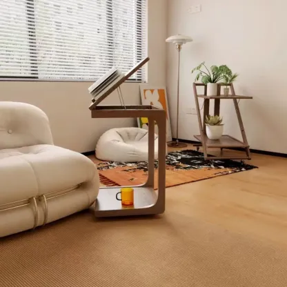 Scandinavian Wooden Flip-Top C-Shaped Side Table with Wheels Image - 1