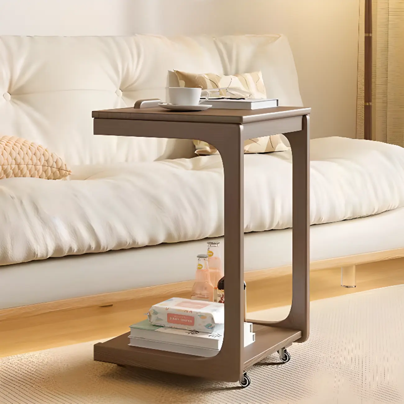 Scandinavian Wooden Flip-Top C-Shaped Side Table with Wheels Image - 3 | homeyfad