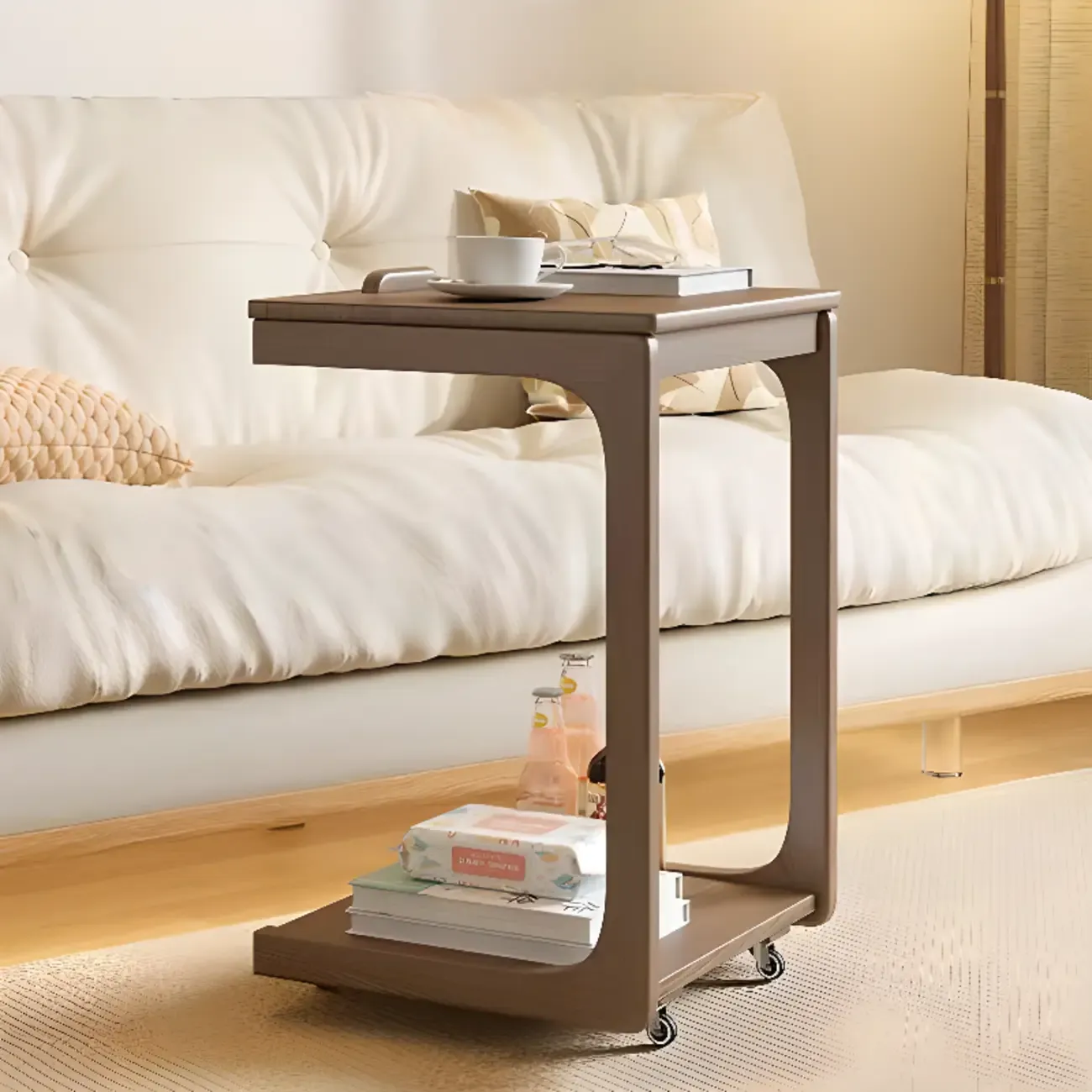 Scandinavian Wooden Flip-Top C-Shaped Side Table with Wheels Image - 3