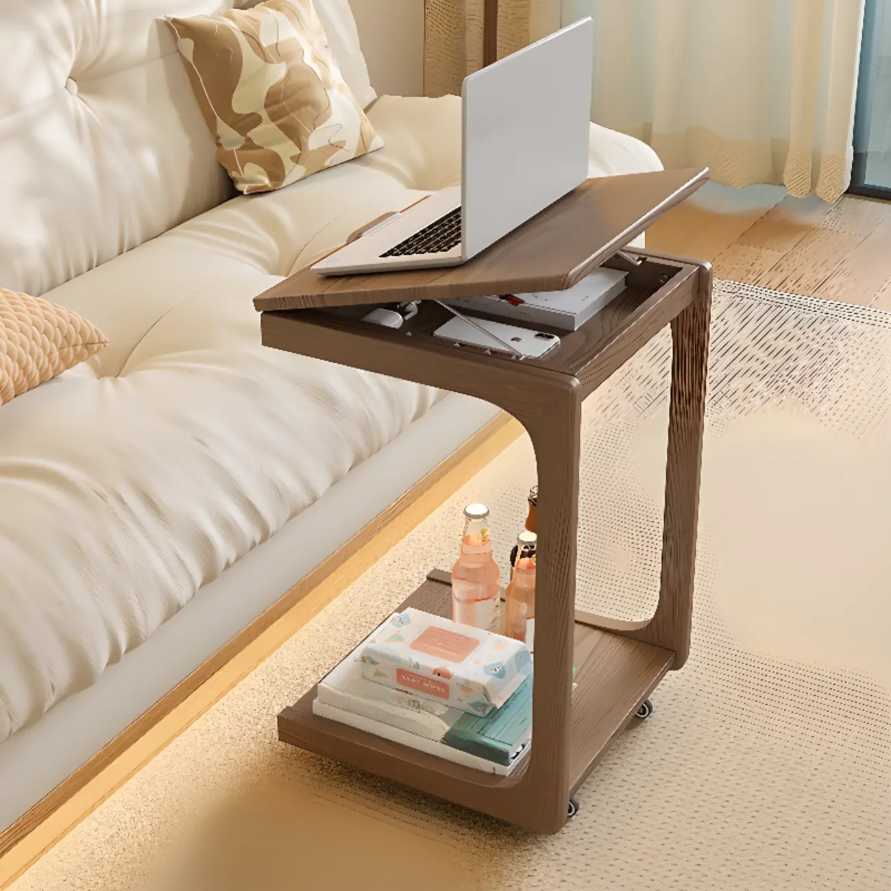 Scandinavian Wooden Flip-Top C-Shaped Side Table with Wheels Image - 2 | homeyfad