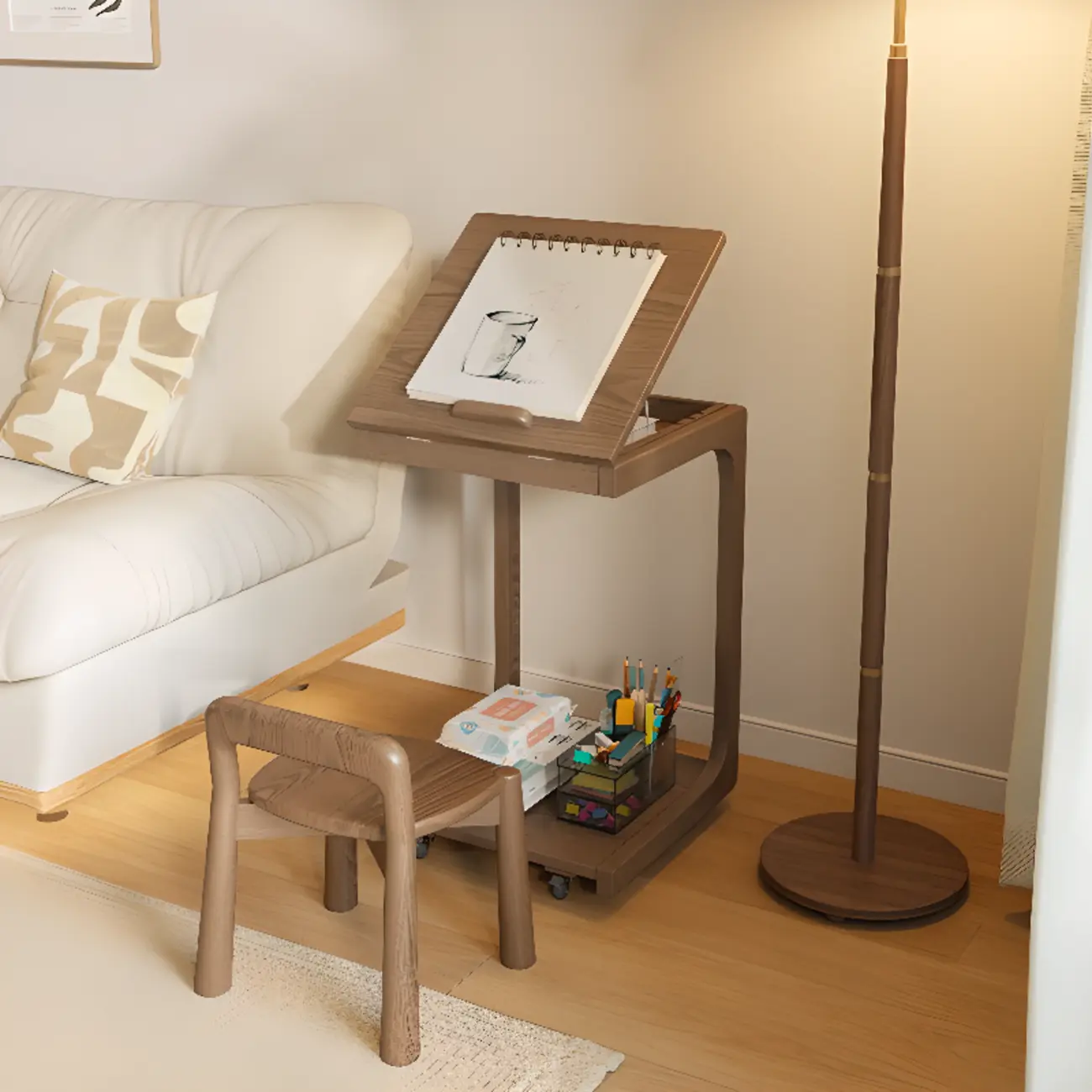 Scandinavian Wooden Flip-Top C-Shaped Side Table with Wheels Image - 4 | homeyfad